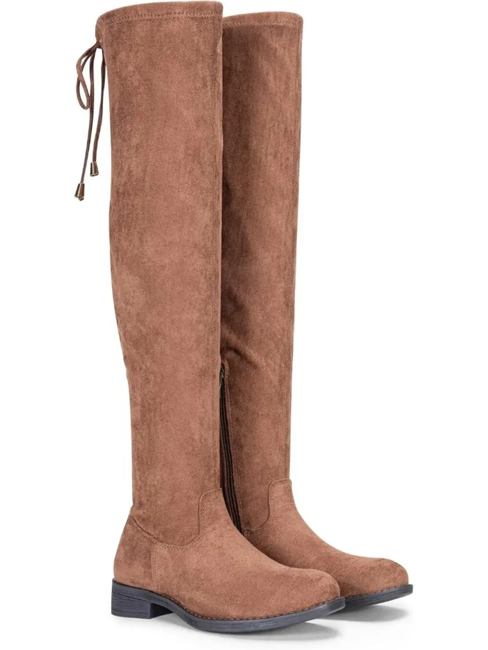 Women's Mocha Synthetic Suede Side Zipper Flat Heel Stretch Over The Knee Boots
